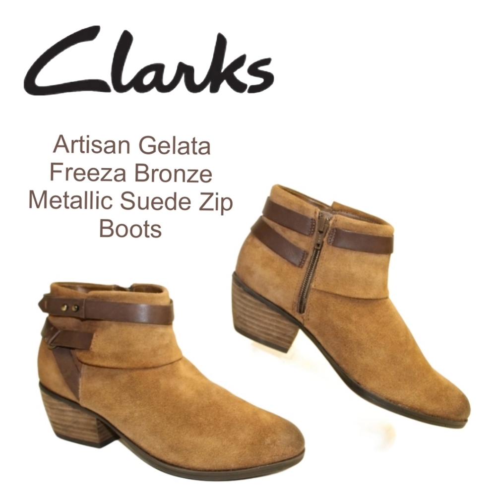 NEW Clarks Artisan Gelata Freeza 7.5 M 38 Bronze Metallic Suede Zip Boots
